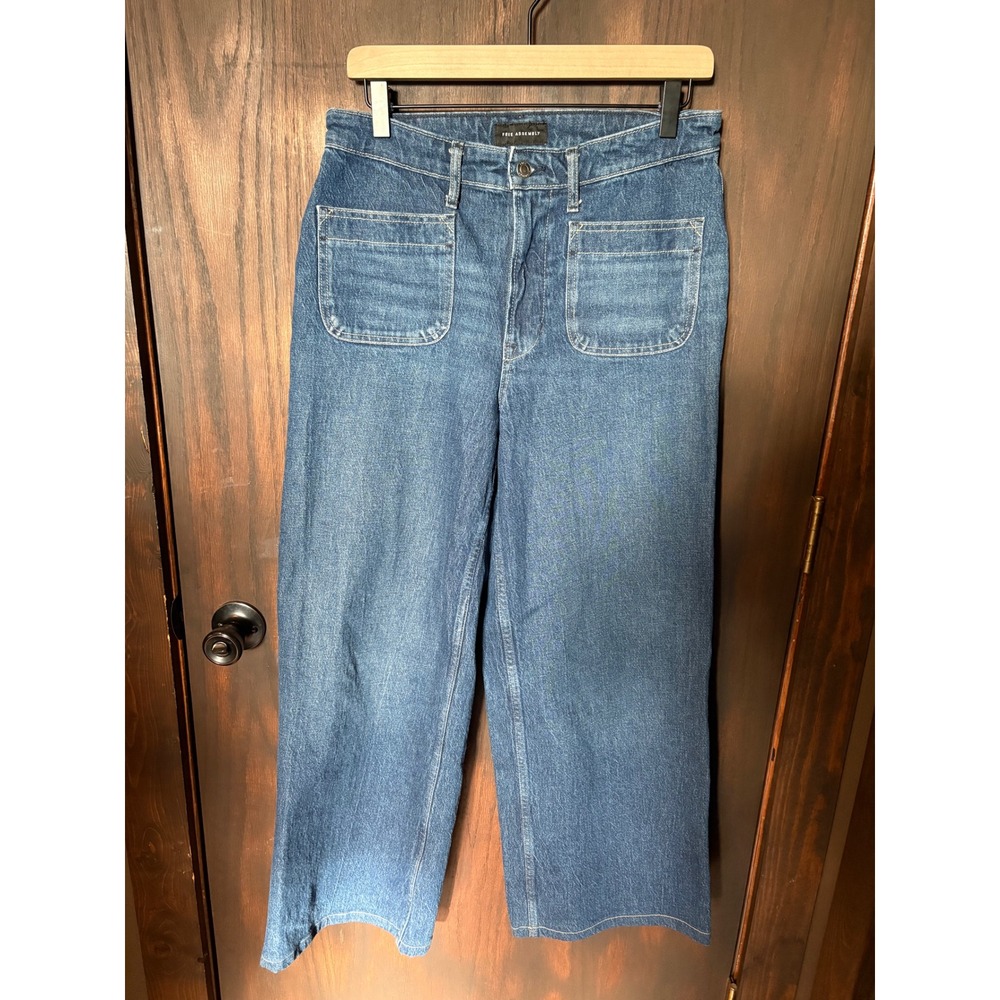 Free Assembly Women Blue Super High Wide Leg Patch Pocket Denim Jeans Size 8